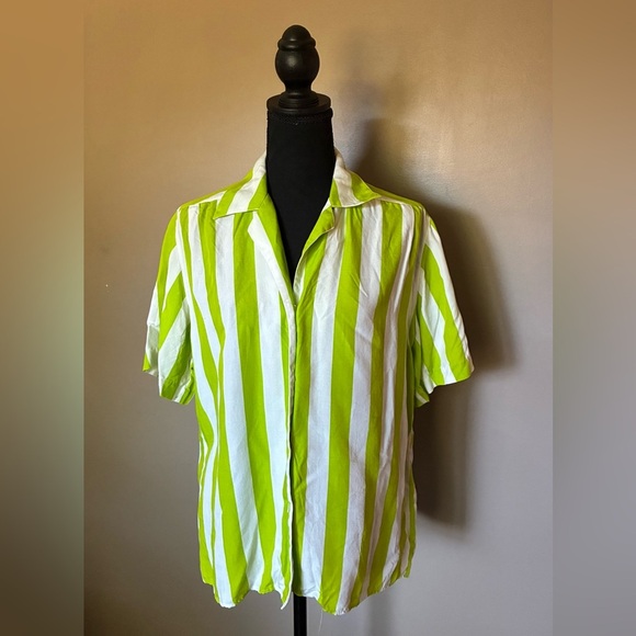 PIERRE CARDIN 80s rayon lime green white striped vacation button down shirt sz 8 - Picture 8 of 13